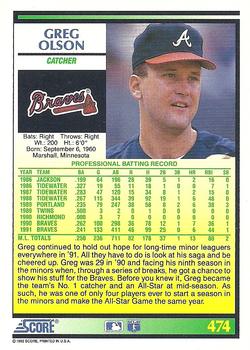 1992 Score #474 Greg Olson Back
