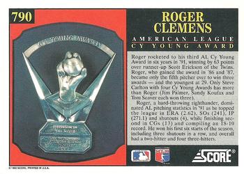 1992 Score #790 Roger Clemens Back