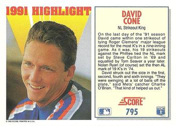 1992 Score #795 David Cone Back