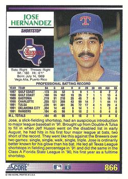 1992 Score #866 Jose Hernandez Back