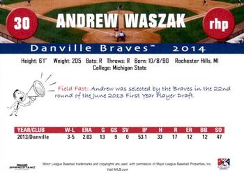 2014 Grandstand Danville Braves #NNO Andrew Waszak Back