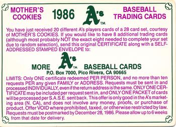 1986 Mother's Cookies Oakland Athletics - Offers #NNO More A's Baseball Cards Front