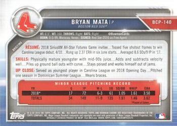 2019 Bowman - Chrome Prospects Aqua Refractor #BCP-140 Bryan Mata Back