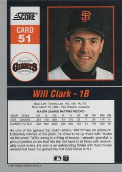 1992 Score - 90's Impact Players #51 Will Clark Back