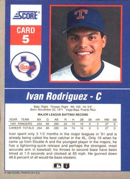 1992 Score - 90's Impact Players #5 Ivan Rodriguez Back