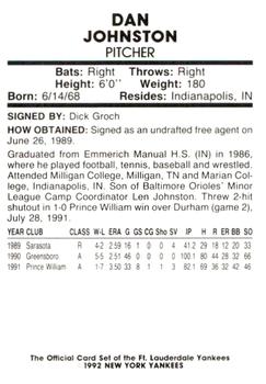 1992 Fort Lauderdale Yankees #20 Dan Johnston Back