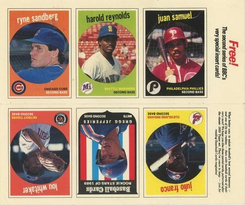 1989 Baseball Cards Magazine '59 Topps Replicas - Full Panel #7-12 Juan Samuel / Julio Franco / Harold Reynolds / Gregg Jefferies / Ryne Sandberg / Lou Whitaker Front
