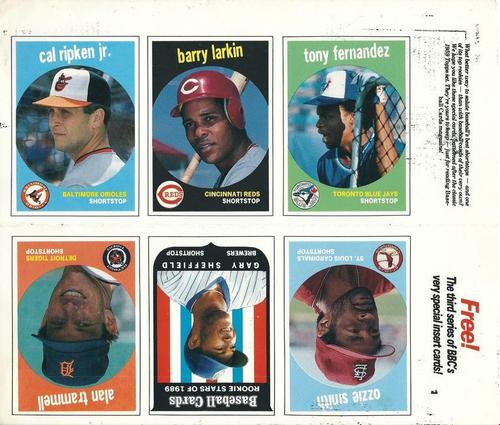 1989 Baseball Cards Magazine '59 Topps Replicas - Full Panel #13-18 Ozzie Smith / Gary Sheffield / Alan Trammell / Cal Ripken Jr. / Barry Larkin / Tony Fernandez Front