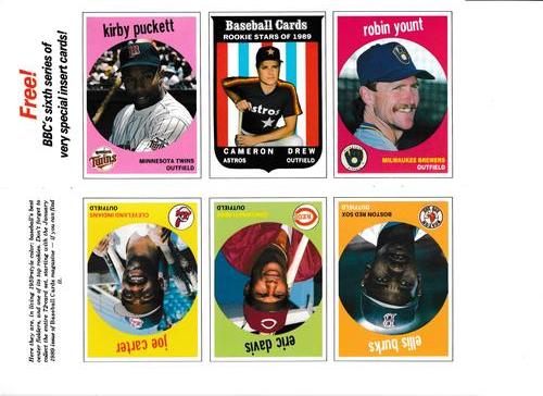 1989 Baseball Cards Magazine '59 Topps Replicas - Full Panel #31-36 Kirby Puckett / Cameron Drew / Robin Yount / Ellis Burks / Eric Davis / Joe Carter Front