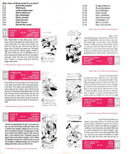 1989 Baseball Cards Magazine '59 Topps Replicas - Full Panel #31-36 Kirby Puckett / Cameron Drew / Robin Yount / Ellis Burks / Eric Davis / Joe Carter Back
