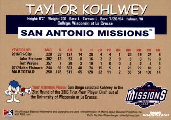 2018 Grandstand San Antonio Missions #13 Taylor Kohlwey Back