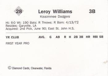 1990 Diamond Cards Kissimmee Dodgers #28 Leroy Williams Back