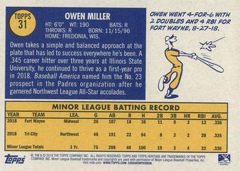 2019 Topps Heritage Minor League #31 Owen Miller Back