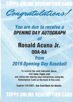 2019 Topps Opening Day - Opening Day Autographs Redemption #NNO Ronald Acuna Jr. Front