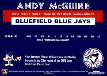 2018 Grandstand Bluefield Blue Jays #NNO Andy McGuire Back