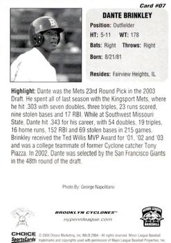 2004 Choice New York-Penn League Top Prospects #7 Dante Brinkley Back