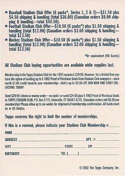 1992 Stadium Club #NNO 1992 Stadium Club Membership Form Back