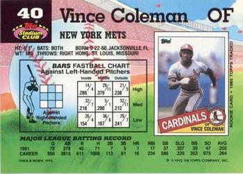 1992 Stadium Club #40 Vince Coleman Back