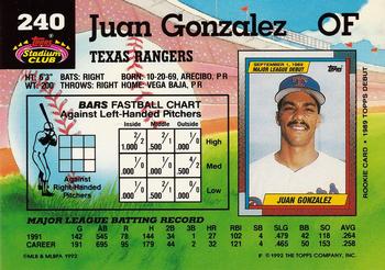 1992 Stadium Club #240 Juan Gonzalez Back