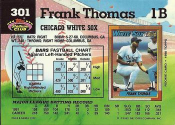1992 Stadium Club #301 Frank Thomas Back