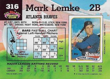 1992 Stadium Club #316 Mark Lemke Back