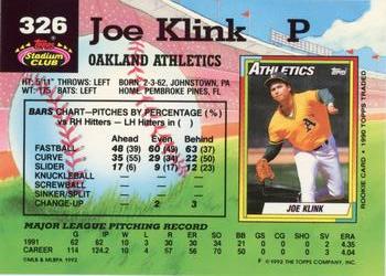 1992 Stadium Club #326 Joe Klink Back