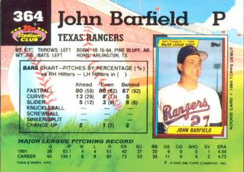 1992 Stadium Club #364 John Barfield Back