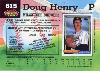 1992 Stadium Club #615 Doug Henry Back