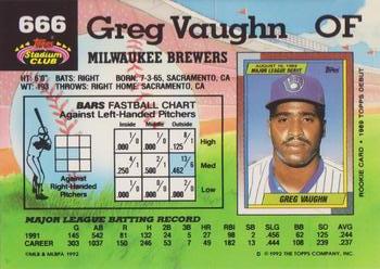 1992 Stadium Club #666 Greg Vaughn Back