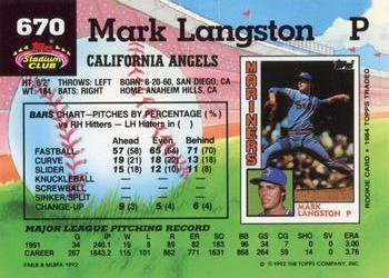 1992 Stadium Club #670 Mark Langston Back