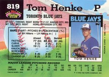 1992 Stadium Club #819 Tom Henke Back
