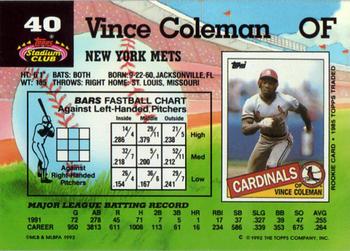 1992 Stadium Club #40 Vince Coleman Back