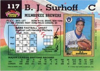 1992 Stadium Club #117 B.J. Surhoff Back