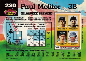 1992 Stadium Club #230 Paul Molitor Back