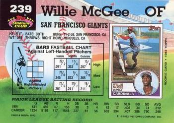1992 Stadium Club #239 Willie McGee Back