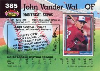 1992 Stadium Club #385 John Vander Wal Back