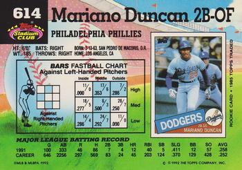 1992 Stadium Club #614 Mariano Duncan Back