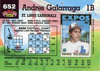 1992 Stadium Club #652 Andres Galarraga Back
