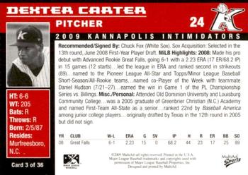 2009 MultiAd Kannapolis Intimidators #3 Dexter Carter Back
