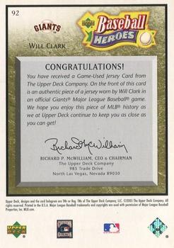 2005 Upper Deck Baseball Heroes - Memorabilia Bronze #92 Will Clark Back