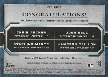 2019 Topps Museum Collection - Four-Player Primary Pieces Quad Relics Copper #FPR-ABMT Chris Archer / Josh Bell / Starling Marte / Jameson Taillon Back