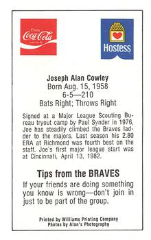 1982 Atlanta PAL Coca-Cola Atlanta Braves #NNO Joe Cowley Back