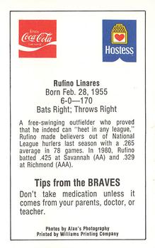 1982 Atlanta PAL Coca-Cola Atlanta Braves #NNO Rufino Linares Back