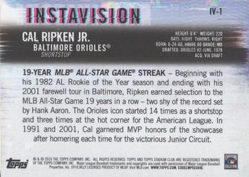 2019 Stadium Club - Instavision Orange #IV-1 Cal Ripken Jr. Back