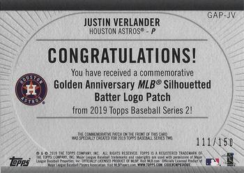 2019 Topps - MLB Logo Golden Anniversary Manufactured Patch 150th Anniversary #GAP-JV Justin Verlander Back