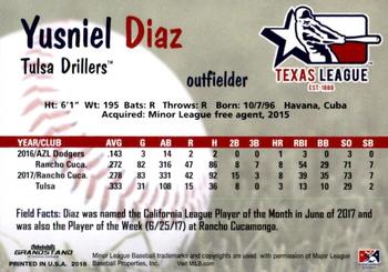2018 Grandstand Texas League Top Prospects #NNO Yusniel Diaz Back