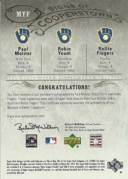 2005 Upper Deck Hall of Fame - Signs of Cooperstown Triples Autograph Silver #MYF Paul Molitor / Robin Yount / Rollie Fingers Back