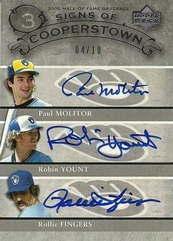 2005 Upper Deck Hall of Fame - Signs of Cooperstown Triples Autograph Silver #MYF Paul Molitor / Robin Yount / Rollie Fingers Front