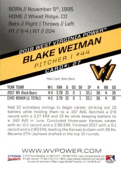 2018 Choice West Virginia Power #27 Blake Weiman Back