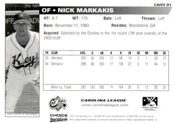 2005 Choice Carolina-California All-Stars #1 Nick Markakis Back